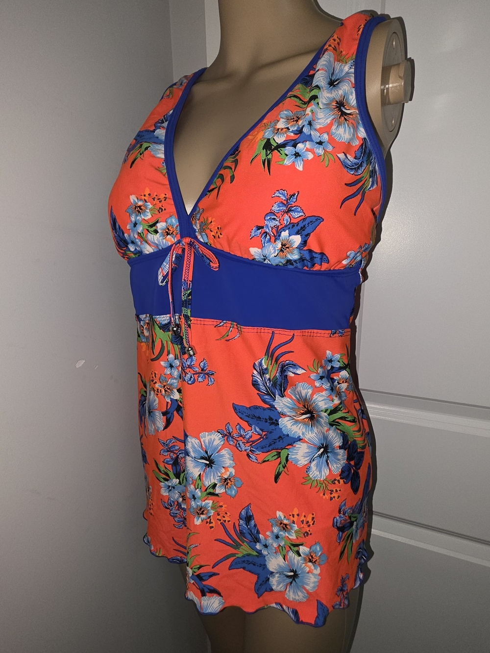 Gaviota Diamante Floral Orange & Blue V-Neck Tankini Swim Top Sz Tall/ Large